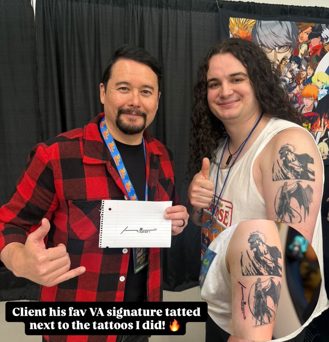 A client with a voice actor's signature tattooed beside LoLo's work
