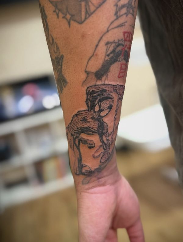 Spiderman panel tattoo by LoLo, on the forearm