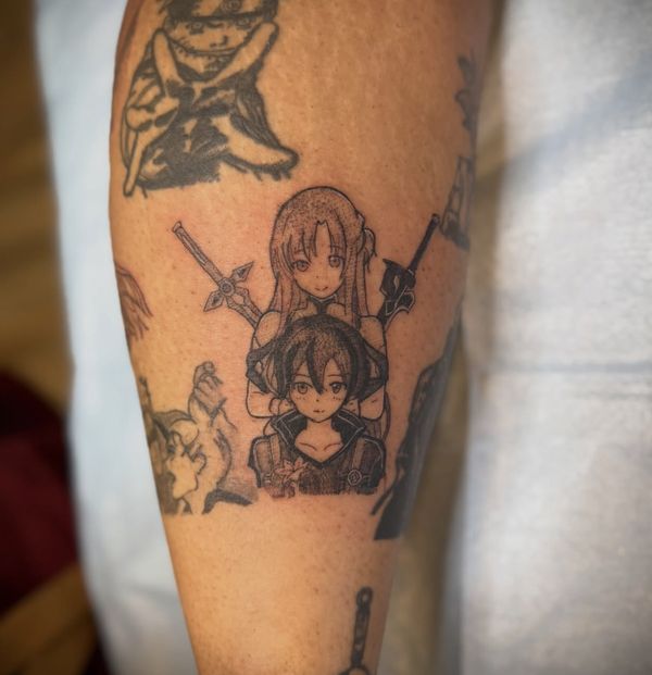 Kirito x Asuna panel tattoo by LoLo, on the calf