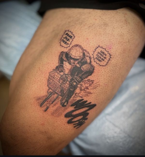 Mugen Rider panel tattoo by LoLo, on the thigh