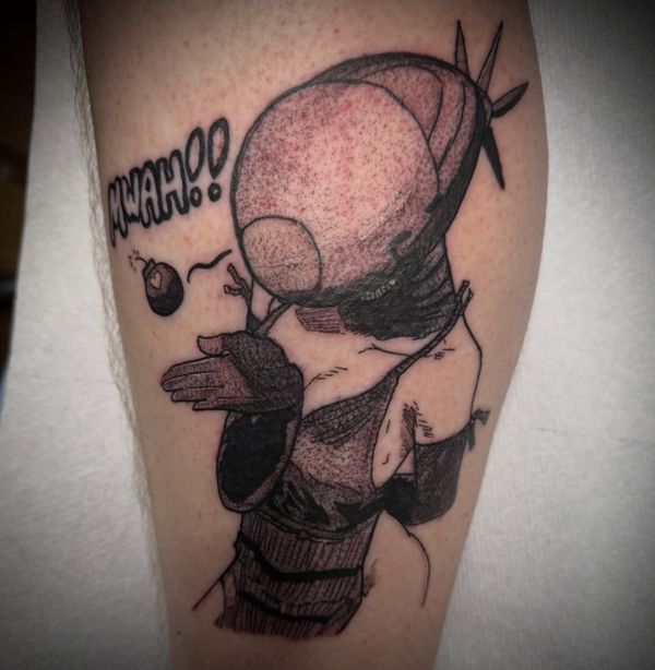 Reze portrait tattoo by LoLo, on the calf