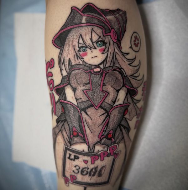 Dark Magician Girl portrait tattoo by LoLo, on the calf