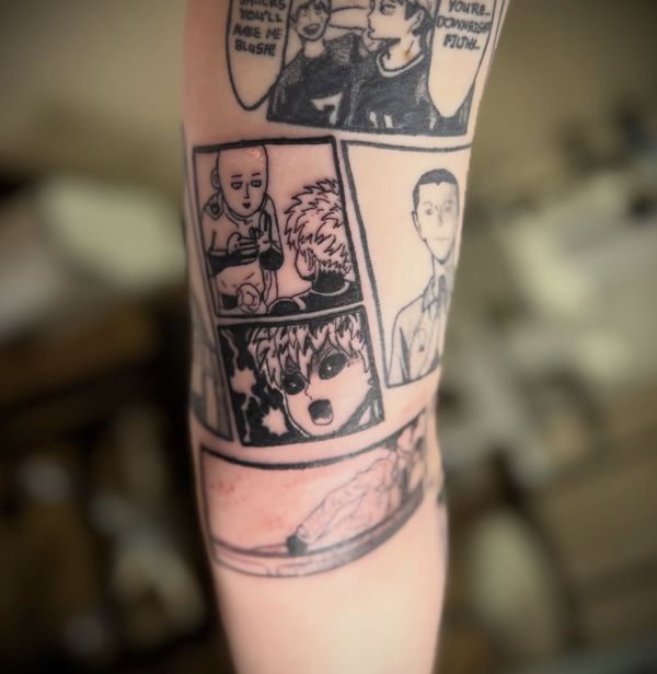 Manga sleeve tattoo by LoLo, on the forearm