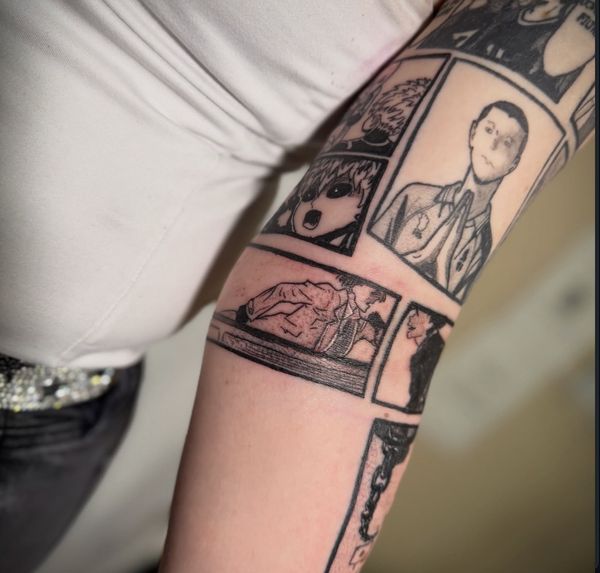 Manga sleeve tattoo by LoLo, on the arm