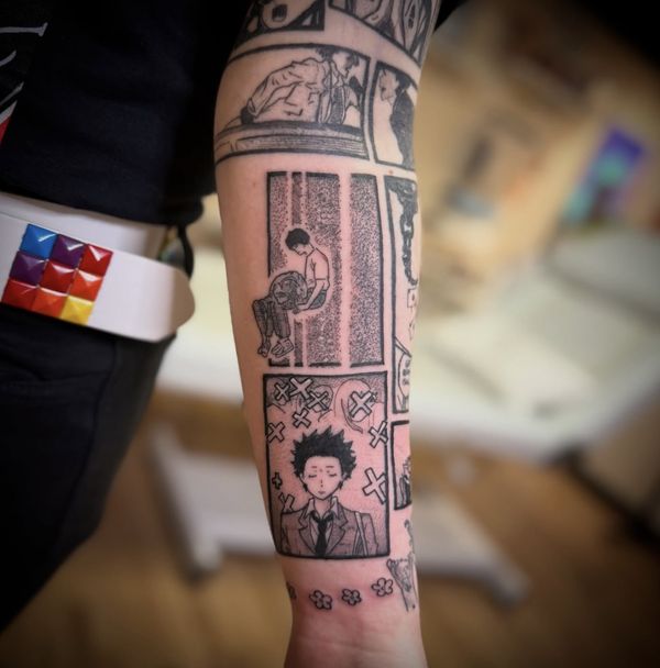 Manga sleeve tattoo by LoLo, on the forearm