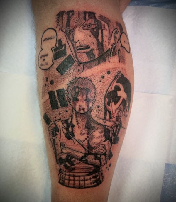 Zoro Panel Portrait tattoo by LoLo, on the calf