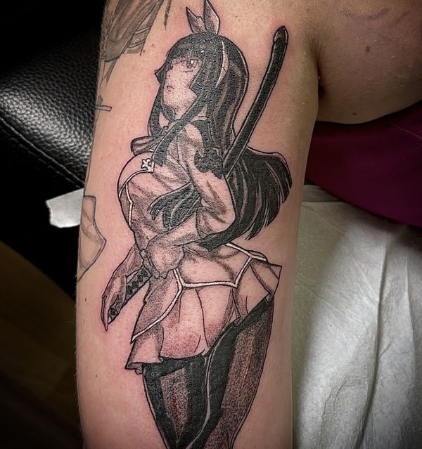 Fairy tail portrait tattoo by LoLo, on the upper arm