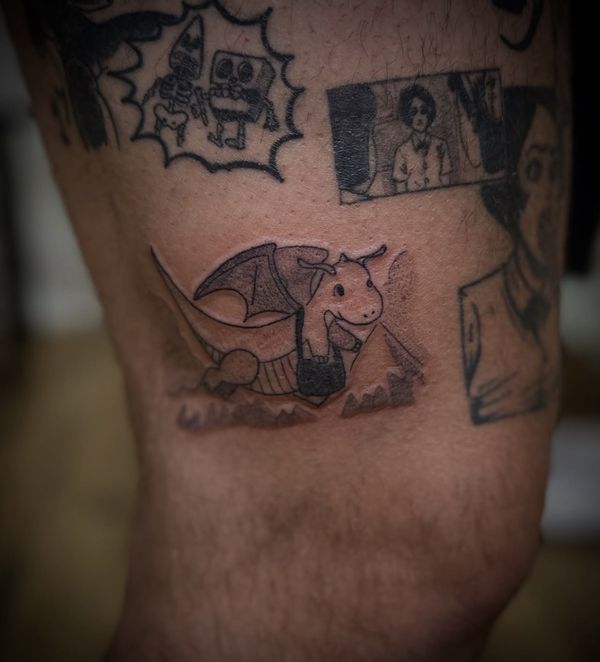 Pokemon dragonite tattoo by LoLo, on the knee