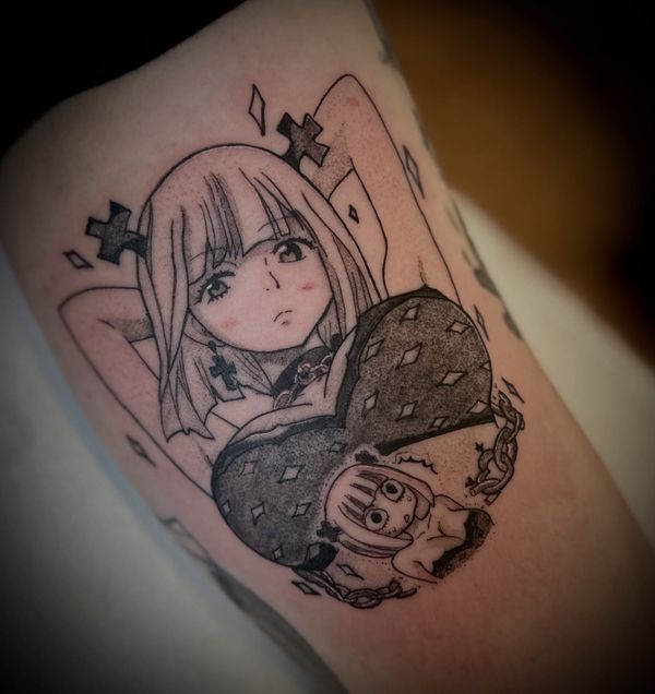 Fairy tail portrait tattoo by LoLo, on the upper arm