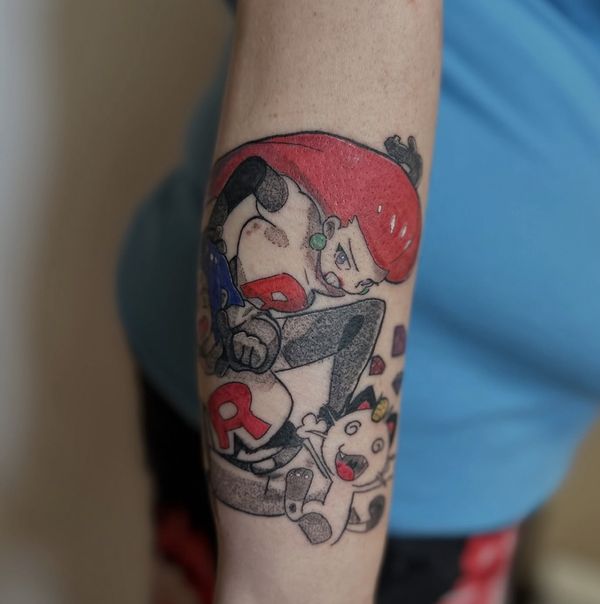 Jessie and James portrait tattoo by LoLo, on the forearm