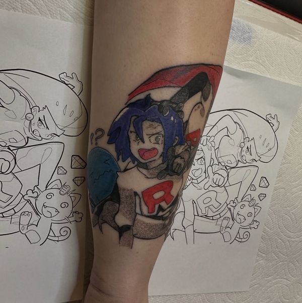 Jessie and James portrait tattoo by LoLo, on the forearm