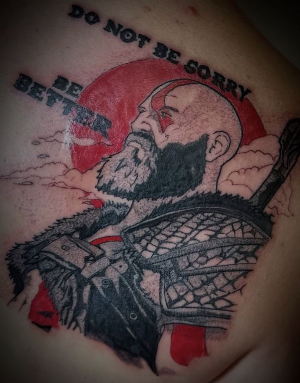 God of War portrait tattoo by LoLo, on the back