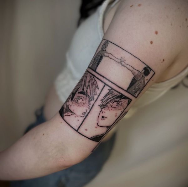 Haikyuu panel tattoo by LoLo, on the upper arm