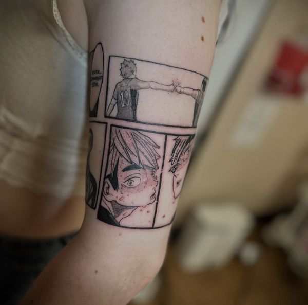 Haikyuu panel tattoo by LoLo, on the upper arm