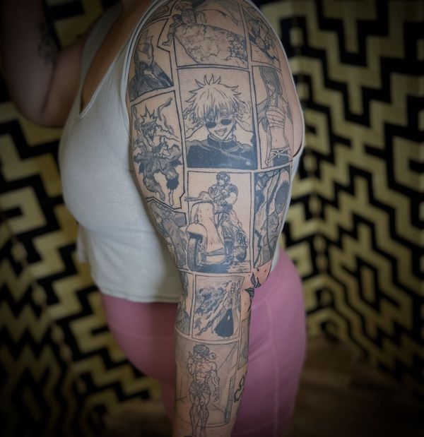 Manga sleeve tattoo by LoLo, on the full arm