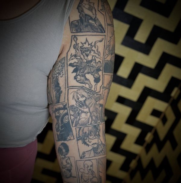 Manga sleeve tattoo by LoLo, on the full arm