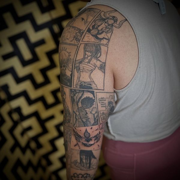 Manga sleeve tattoo by LoLo, on the full arm