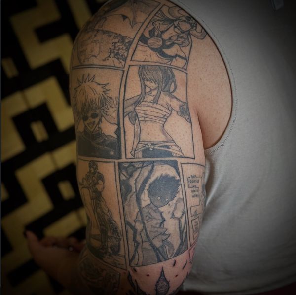 Manga sleeve tattoo by LoLo, on the shoulder