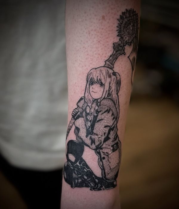 Misa Amane portrait tattoo by LoLo, on the forearm