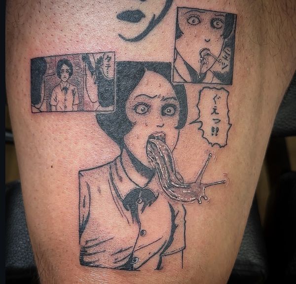 Junji Ito Custom portrait tattoo by LoLo, on the thigh