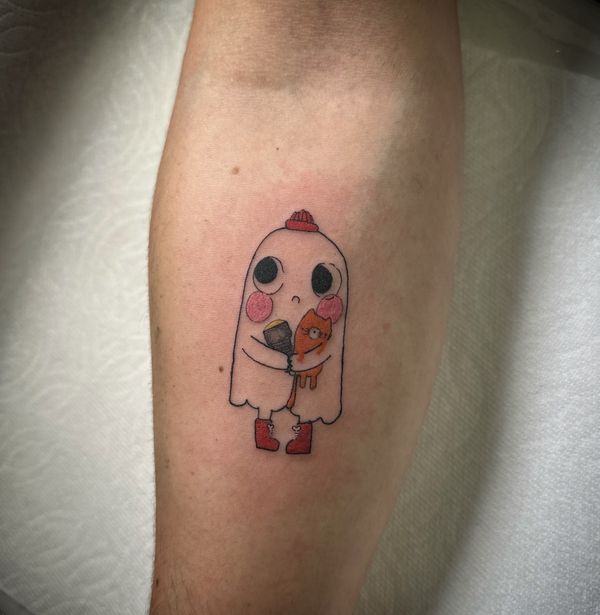 Storybook Ghost tattoo by LoLo, on the forearm
