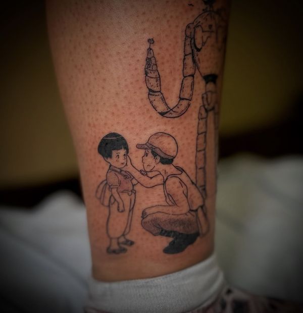 Studio Ghibli tattoo by LoLo, on the lower leg
