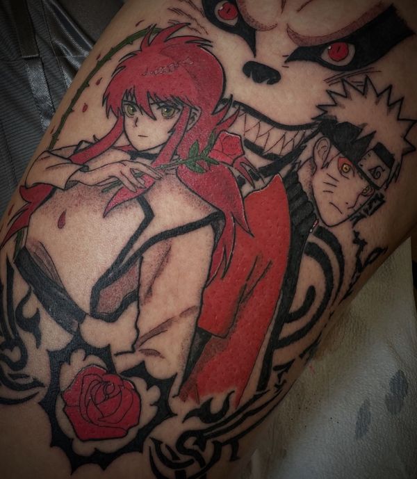 Yu Yu Hakusho x Naruto tattoo by LoLo, on the upper arm