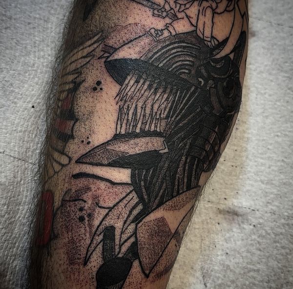 Chainsaw man tattoo by LoLo, on the calf
