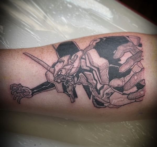Neon Genesis Evangelion tattoo by LoLo, on the forearm