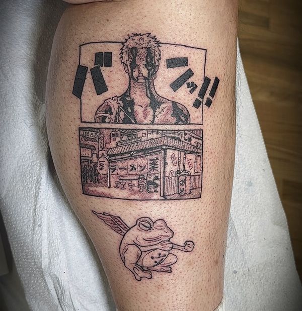Manga panels tattoo by LoLo, on the calf