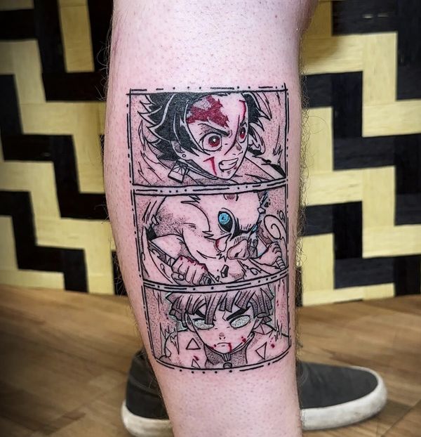 Demon Slayer trio tattoo by LoLo, on the calf