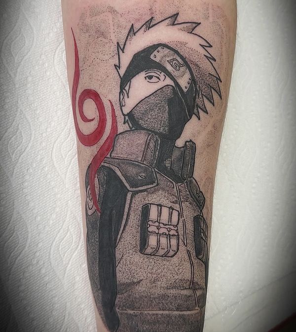 Kakashi Portrait tattoo by LoLo, on the forearm