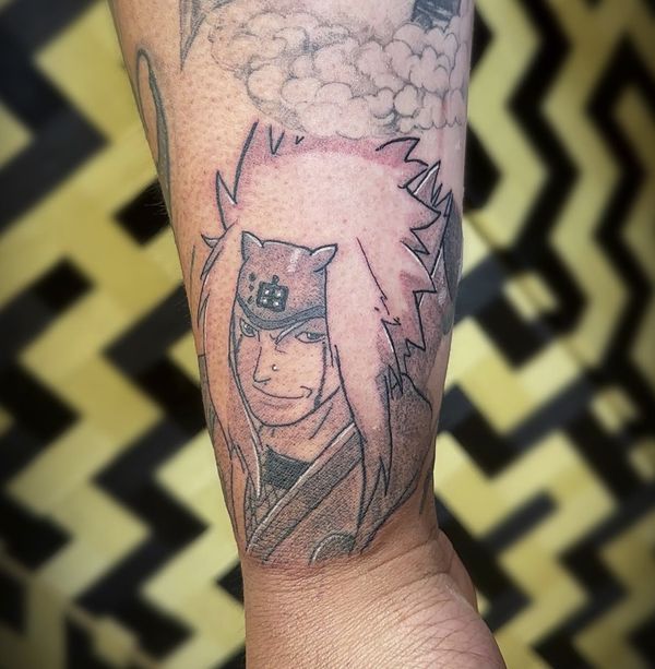 Jiraiya portrait filler tattoo by LoLo, on the forearm