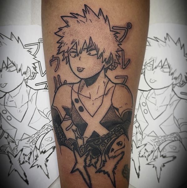 Bakugo portrait tattoo by LoLo, on the forearm