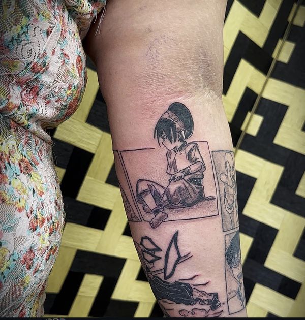 Manga sleeve tattoo by LoLo, on the arm
