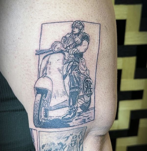 Manga sleeve tattoo by LoLo, on the upper arm