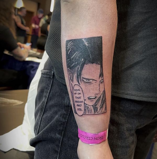 AOT panel tattoo by LoLo, on the forearm