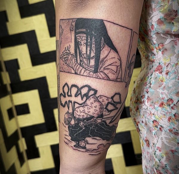 Manga sleeve tattoo by LoLo, on the forearm