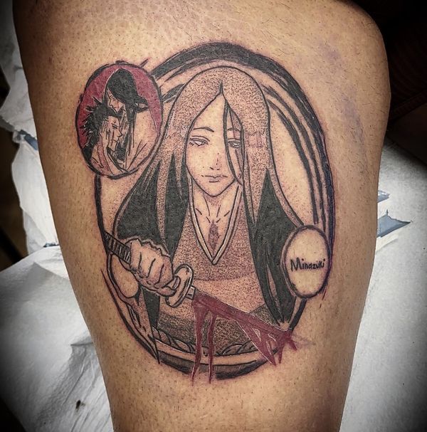 Unohana Bleach portrait tattoo by LoLo, on the thigh